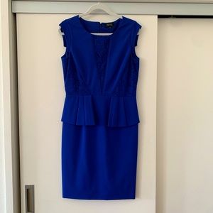 Tahari Cobalt Blue Peplum Sleeveless Sheath Dress w Lace accents
